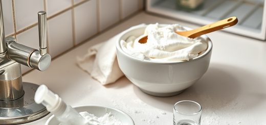 soda bikarbona u kućanstvu: zdjela s pastom, krpa, raspršivač i četka kraj sudopera.