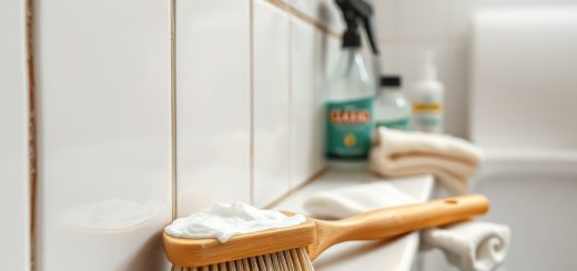 Makro čišćenje fuga: četka, pasta i krpa uz bijele pločice i svježe očišćenu fugu.
